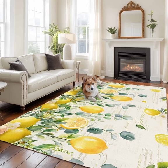 5'x8' Area Rugs, Watercolor Lemon Indoor Outdoor Area Rug for Living Room Bedroom, Eucalyptus Leaf Fruit Yellow Flower Washable Bathroom Rugs Kitchen Floor Carpet Mats Home Decor Aesthetic