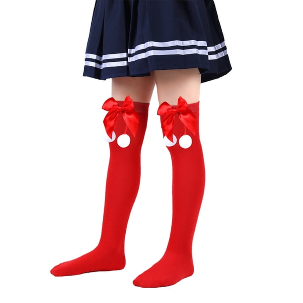 Calcetines navideños para niños, medias de otoño e invierno para niñas, calcetines navideños con bolas de pelo y lazo de estilo europeo y americano