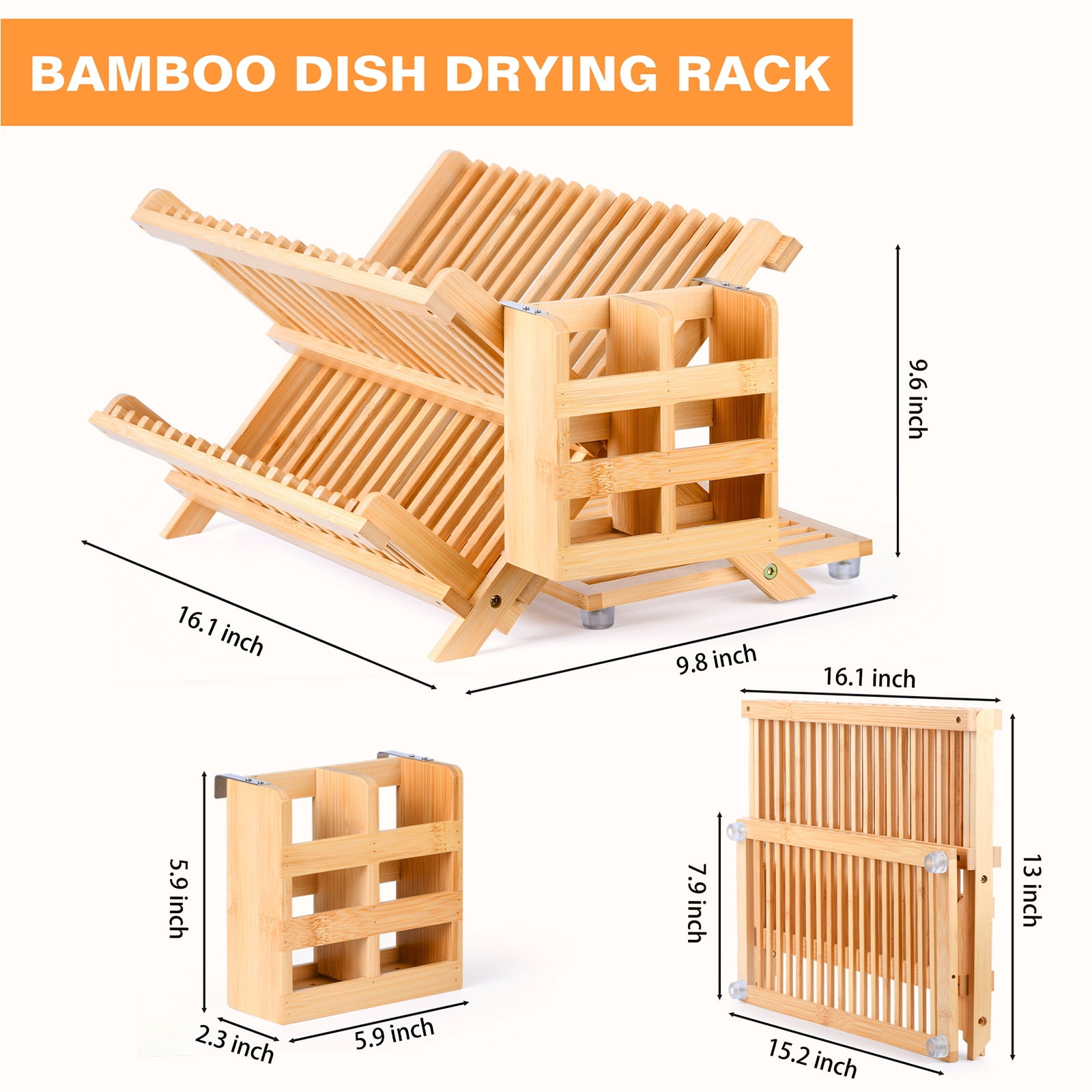 3-Tier Foldable Bamboo Dish Rack with Utensil Holder, Space-Saving Drying Organizer for Small& Apartments