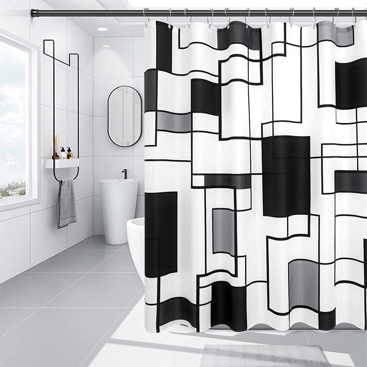 Black Shower Curtain Fabric Shower Curtain Set with 12 Hook Bath Curtain 72 x 72 inches
