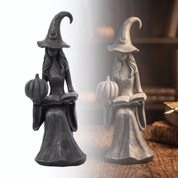 Sulaicai Halloween Reading Witch Figurine, Gothic Witch Holding Pumpkin Spell Book Tabletop Statue, Vintage Halloween Indoor Desktop Decor Ornament
