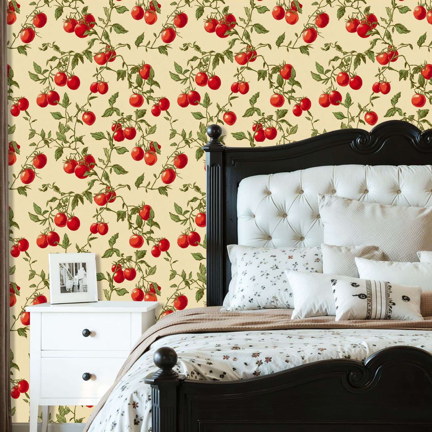 Peel and Stick Wallpaper Vintage Tomato Vine Red Tomatoes Cream floral Wall Mural 23.6in x 9.8ft Self Adhesive Removable Wall Paper Renter Friendly Wallpaper for Bedroom Kitchen Bathroom