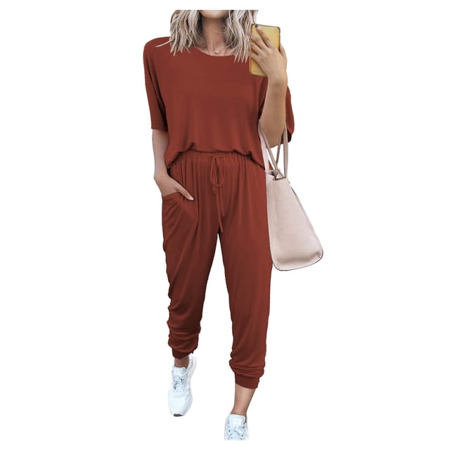 Conjunto Deportivo PRETTYGARDEN 2025 Mujer Dos Piezas para Casa Rojo Ladrillo Talla S