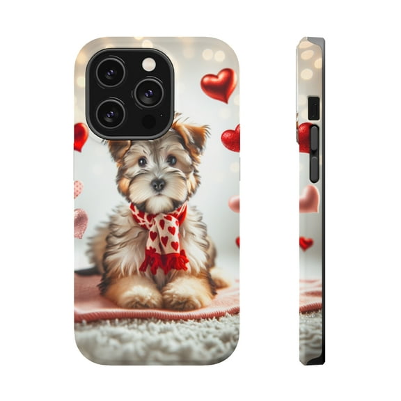 DistinctInk Tough Case for Apple iPhone 15 Pro MAX (6.7" Screen), Compatible with MagSafe Charging - Valentine's Day Cesky Terrier Puppy