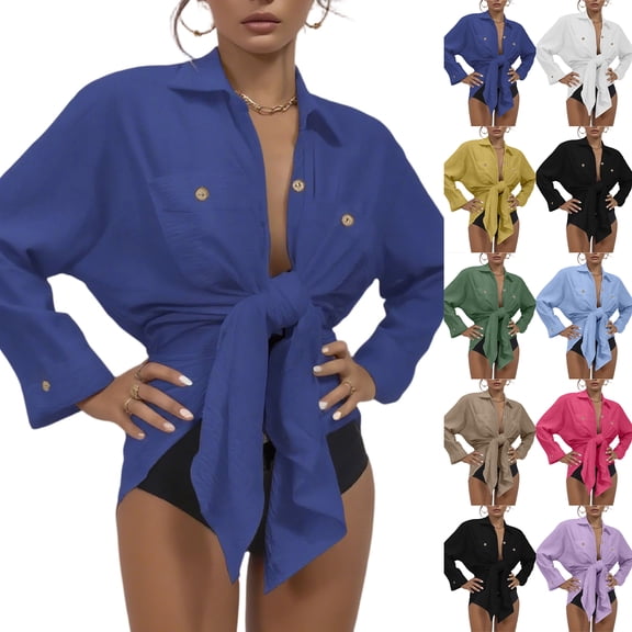 Cozyvia Women's Modern Swimsuit Cover Up Blouse, Solid Color Cotton Bathing Suit Coverup Button Down Beach Long Shirts with Pockets - Black XL