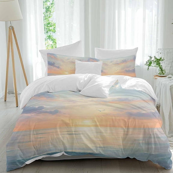 3 Piece Ocean Sunset Duvet Cover Set Twin Size,Microfiber Comforter/Quilt Cover with Corner Ties and 2 Pillowcases,Modern Orange Blue Oil Painting Seagull All Season Soft Bedding with Zipper Closure