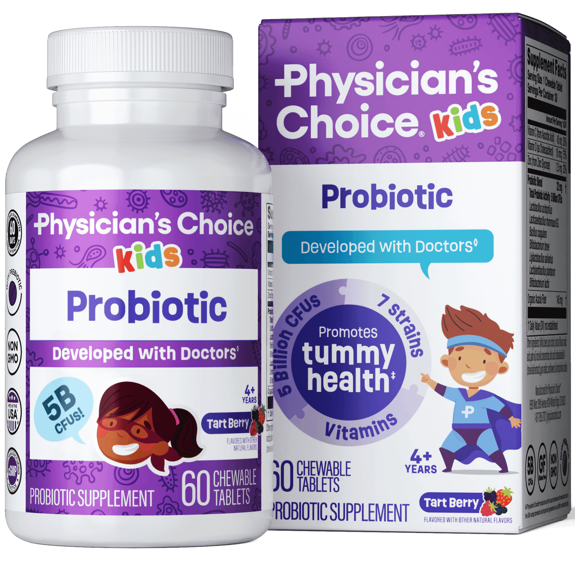 Physician's Choice Probiotics for Kids 60 Counts - 7 Diverse Strains, Prebiotics, Vitamins & Minerals, Clinically Studied L. Rhamnosus GG, Immune & Digestive Support, No Sugar or Artificial Dyes