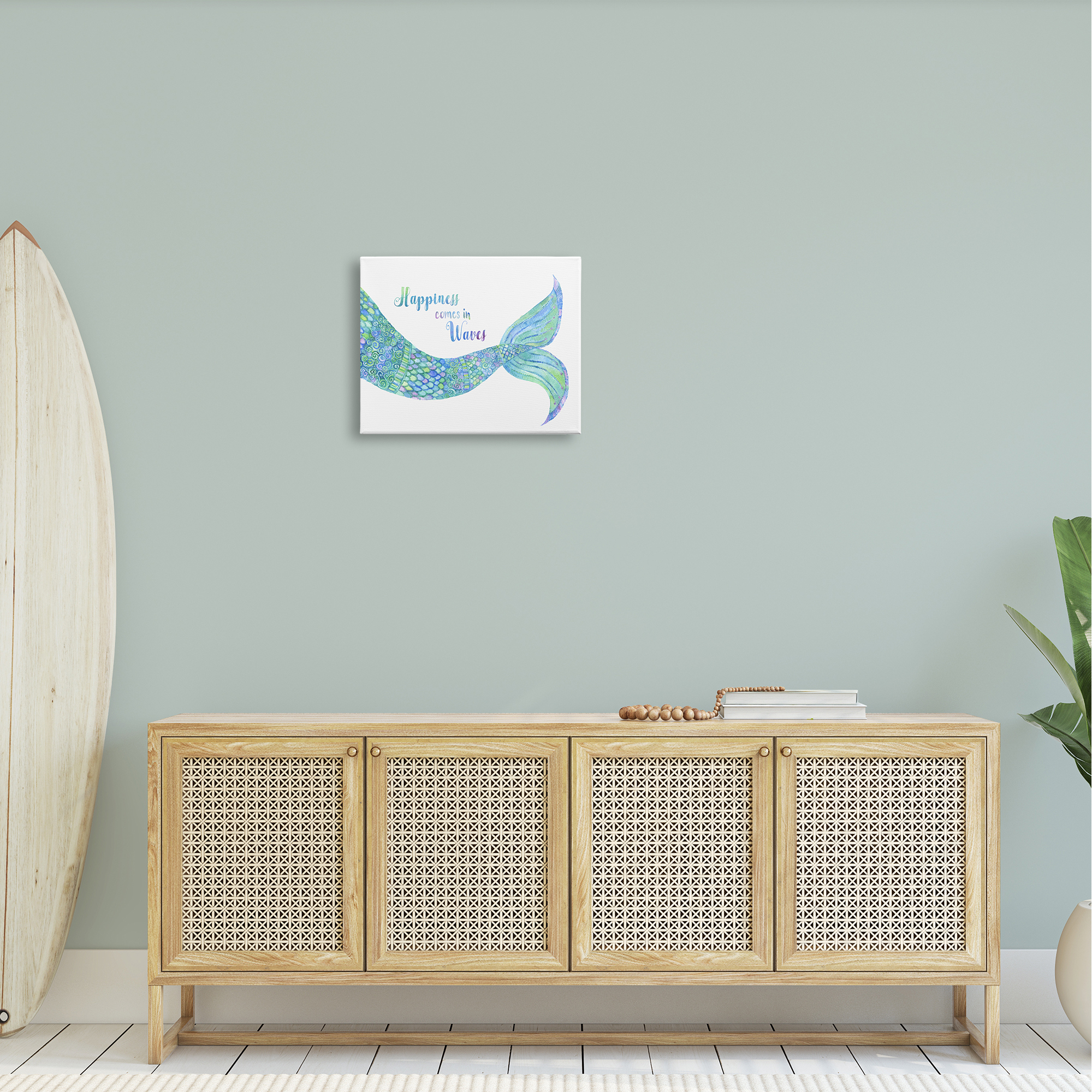 Stupell Industries Happiness Comes in Waves Detailed Mermaid Tail Sentiment Painting Gallery Wrapped Canvas Print Wall Art, Design by Jackie Decker