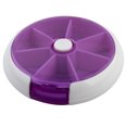 thumbnail image 1 of Caja de almacenamiento de pastillas redonda de plástico de viaje con 7 compartimentos en púrpura y blanco, 1 of 4