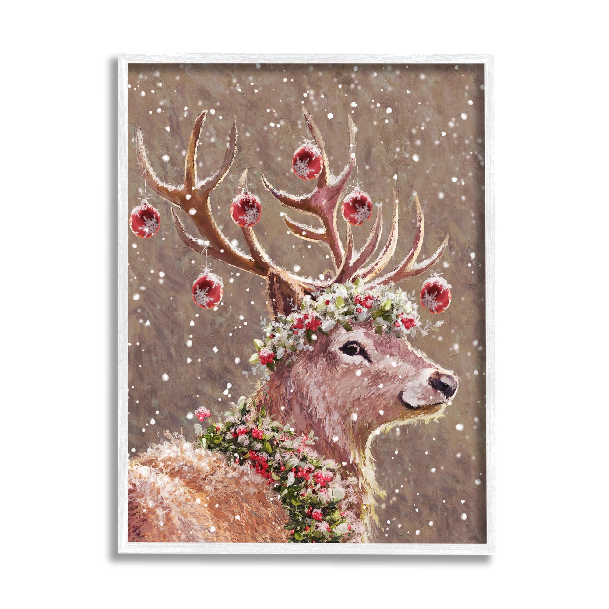 Stupell Industries Deer Antler Holiday Ornaments Holiday Painting White Framed Art Print Wall Art
