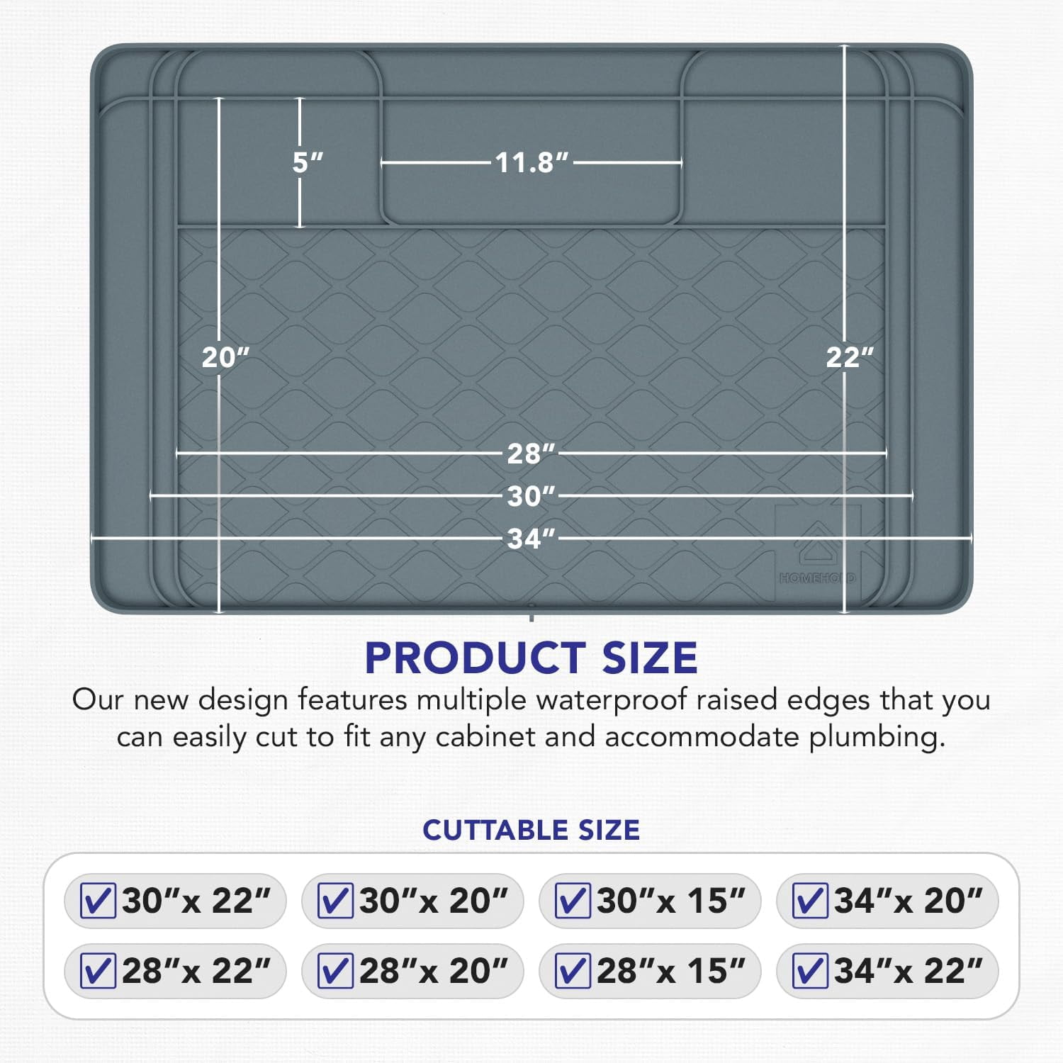 Premium Under Sink Mats for Kitchen Waterproof, 34" x 22" (Customizable to Smaller Sizes), Silicone Under Kitchen Sink Mat for Bathroom Cabinets, Holds up to 3.3 Gallons of Liquid – Grey