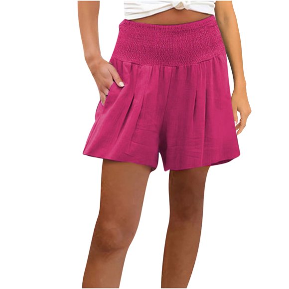 Timegard Shorts for Women Ruched Elastic High Waisted Smocked Summer Casual Loose Shorts with Pockets