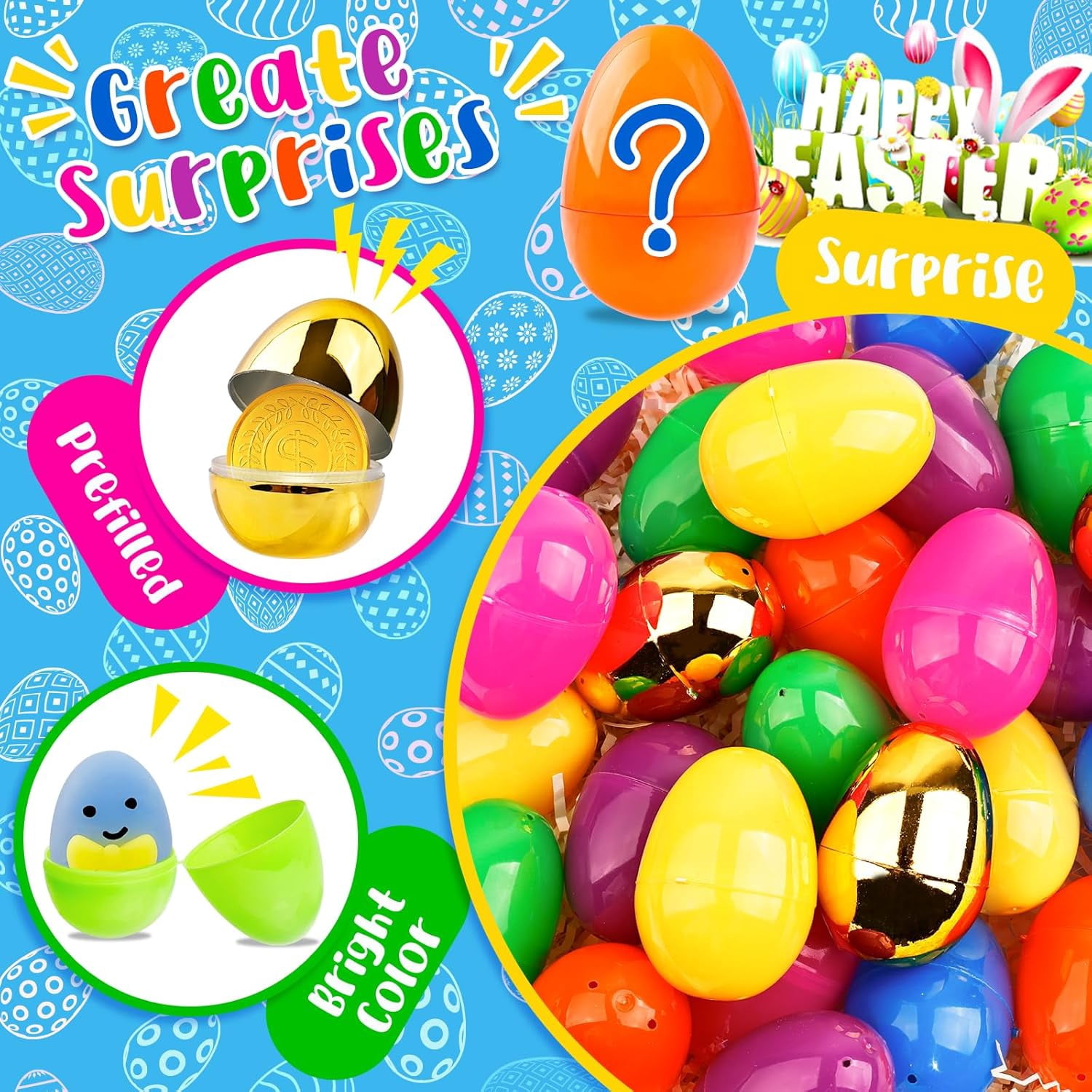[ 6 Surprise Golden Eggs ] 60Pcs Prefilled Easter Egg with Assorted Toys, Plastic Easter Eggs Fillers for Kids, Basket Stuffers,Egg Hunt Party Favors Classroom Prizes Supplies for Boys Girls
