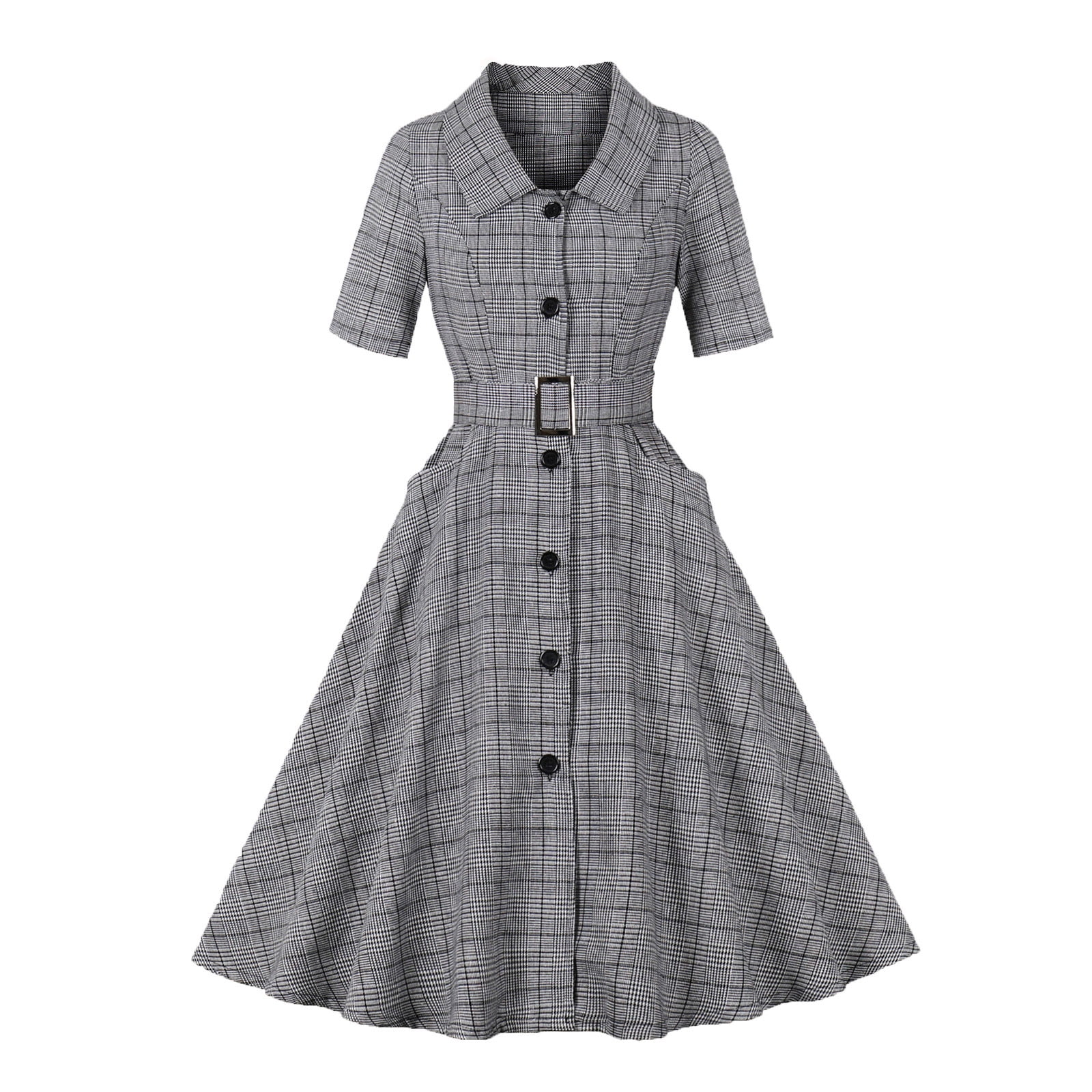 Vintage Plaid Dress Women 1950'S Lapel Middle Sleeve Shirt Dress Single  Breasted Belt Swing Stretchyr Dresses (L, Black) - Walmart.com