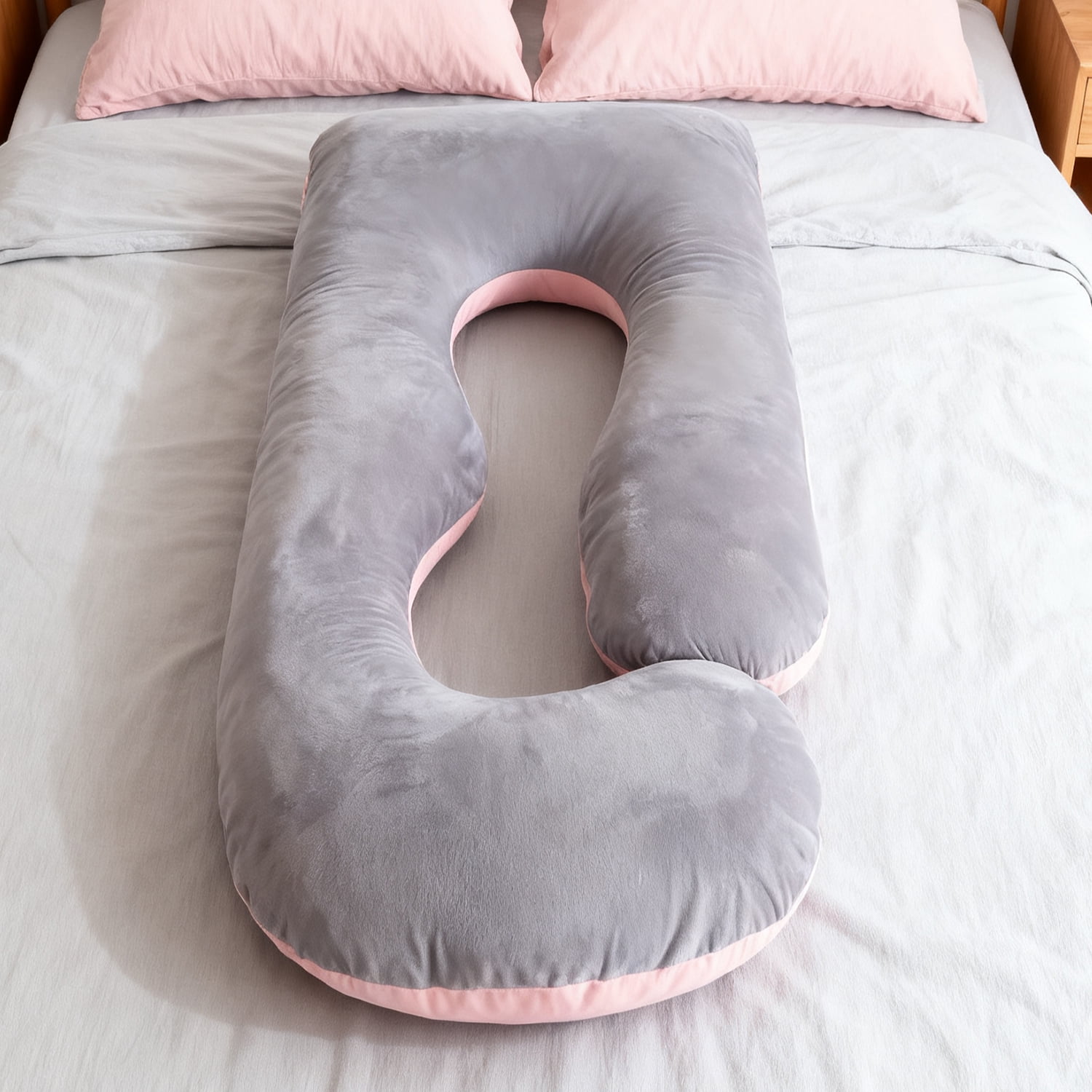 J-Shaped Pregnancy Pillow, Ergonomic Full-Body Maternity Pillow, Breathable Antibacterial, Pink and Gray