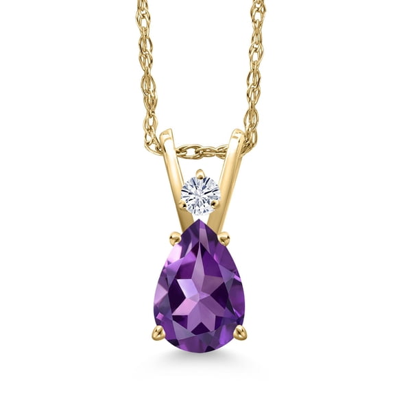 Gem Stone King 14K Yellow Gold Purple Amethyst and White Moissanite Pendant Necklace for Women | 0.66 Cttw | Gemstone February Birthstone | Pear Shape 7X5MM | With 18 inch Chain