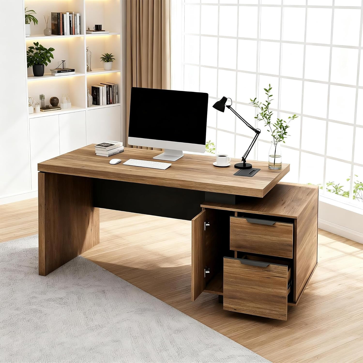 Rectangle Executive Desk Width Adjustable with Cabinet File Drawer Cable Management Right Cabinet