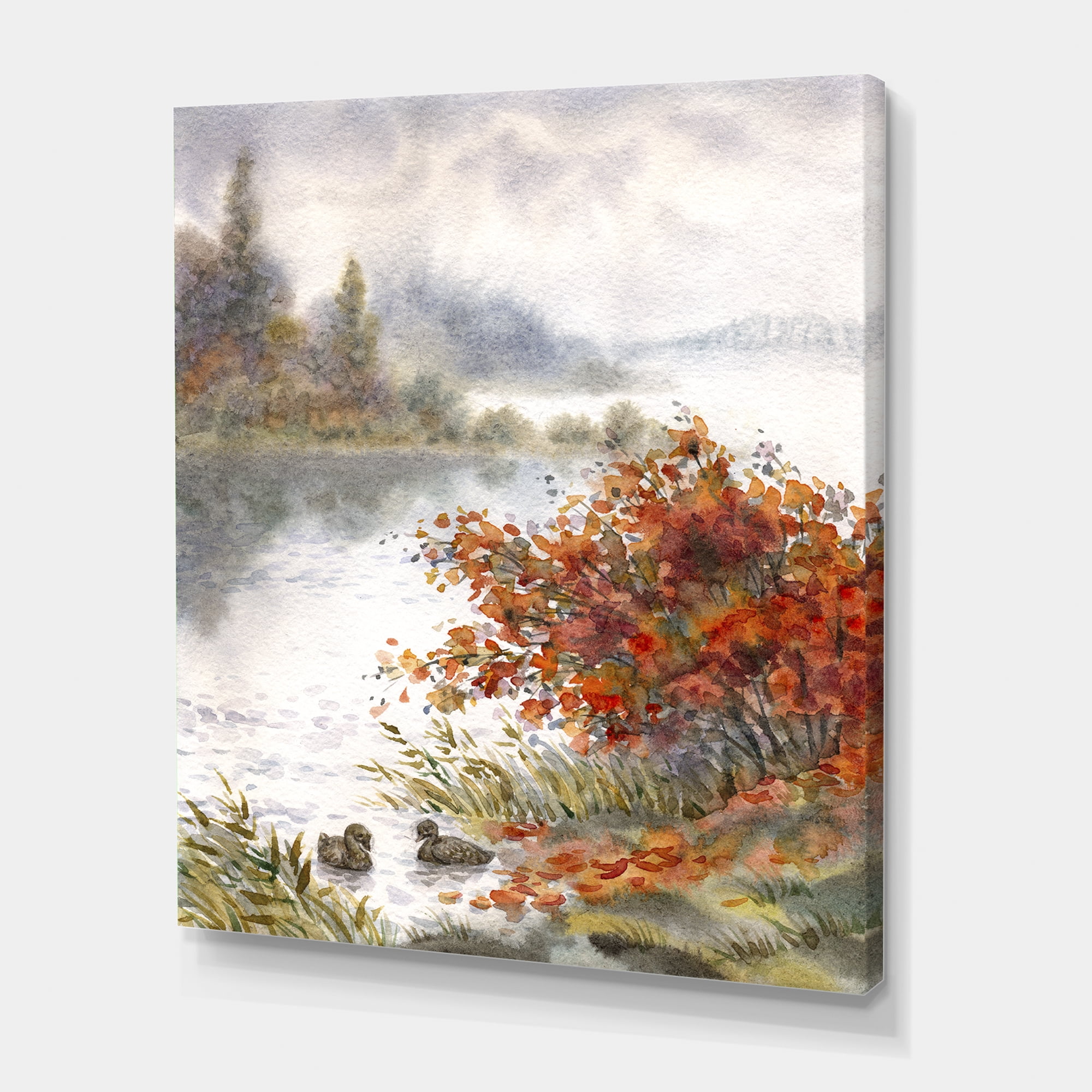 Designart ' View Of The Lake In Autumn Colored ' Traditional Canvas Wall Art Print