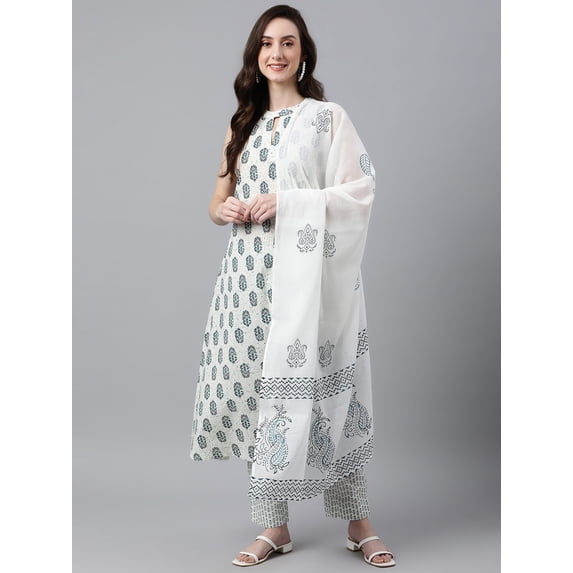 Janasya Indian Women's White Cotton Floral Print Kurta with Pant and Dupatta