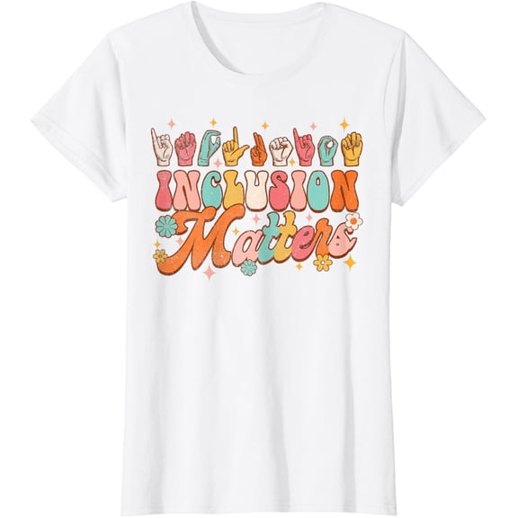 Inclusion Matters Groovy American Sign Language ASL Teacher T-ShirtMen and women, White T-shirt, size: Extra large