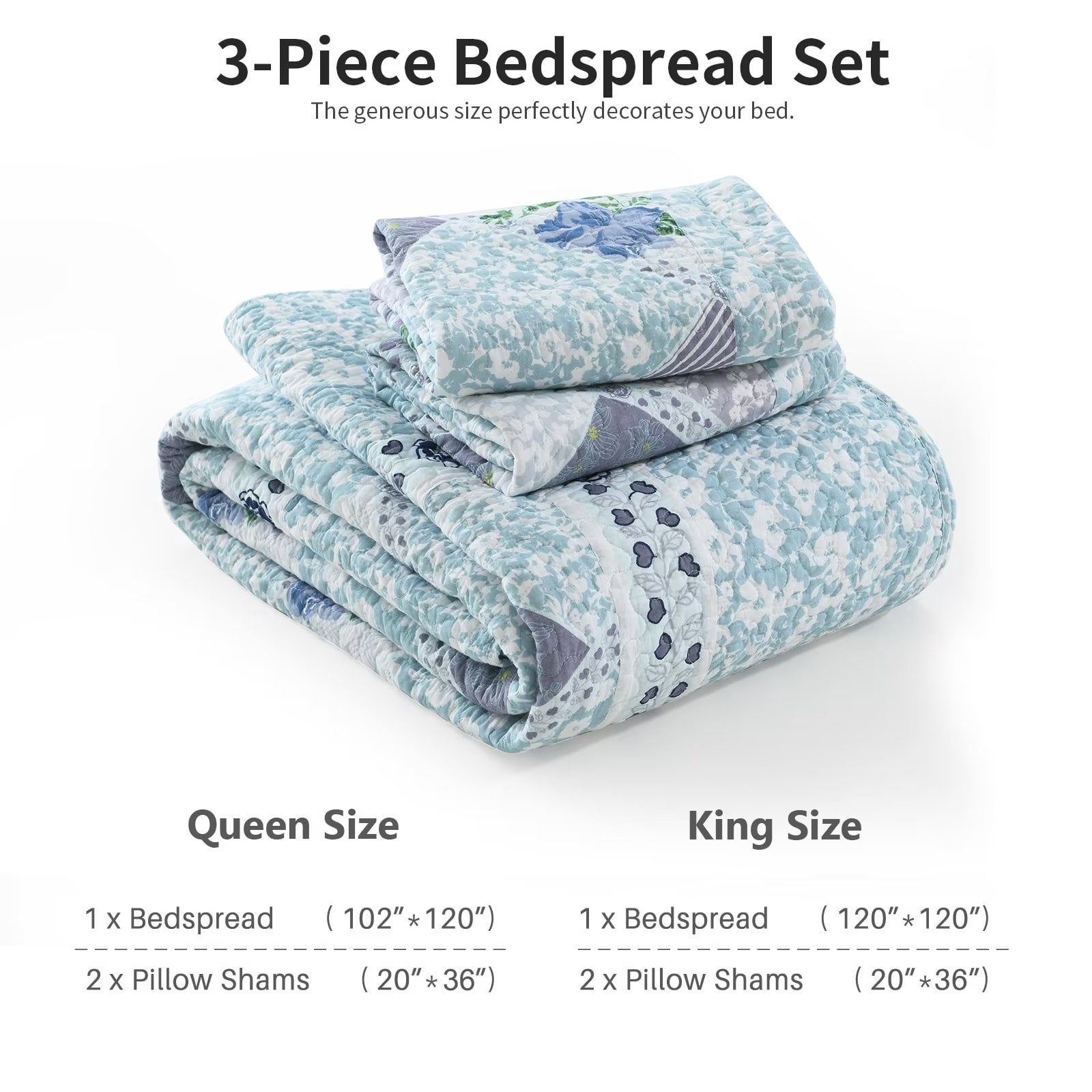 DDUOXIN California Queen Quilt Bedspread Set, 100% Cotton Blue Plaid Floral Reversible Oversized Queen Size Quilt Bedspread, Lightweight Farmhouse 3-Piece Spring Quilt for Queen Bed - 120"x102"