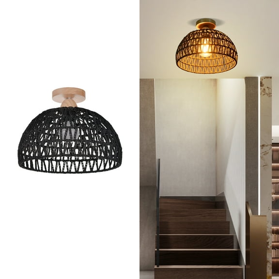 Arturesthome Black Hemp Rope Rattan Flush Mount Light Fixture, Boho Semi Ceiling Lamp, Wicker Drum Rustic Farmhouse Chandelier for Hallway Dining Room Kitchen Bedroom