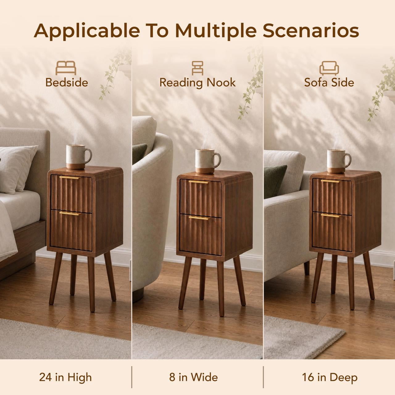 Spruce & Spring Mid-Century Modern Fluted Narrow Nightstands with 2 Drawers & Gold Handles for Bedroom, End Table for Small Spaces, Walnut