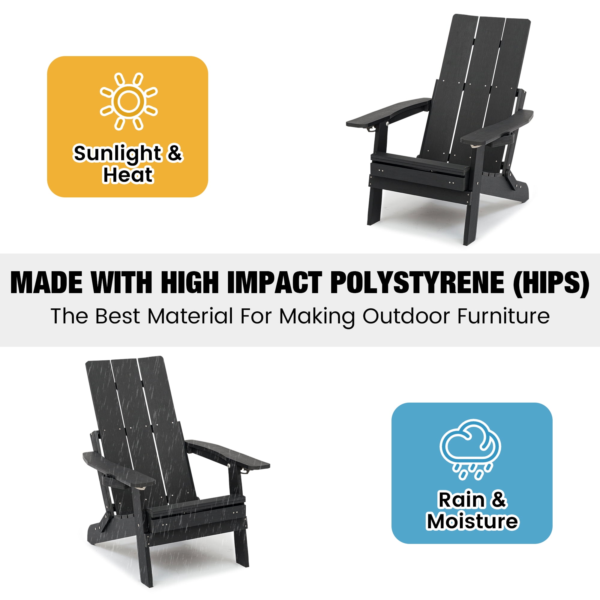 Innovaze Folding Adirondack Chair with Ottoman, 700LBS Heavy Duty Poly Lumber Outdoor Chair, Adjustable Back, Cup Holders, All Weather HIPS Patio Chair for Porch, Backyard, Pool (Black)