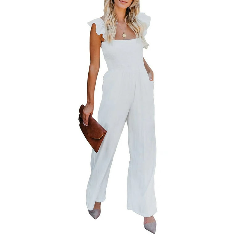 JBEELATE Women Summer Wide Leg Jumpsuit Fly Sleeve Square Neck Ruched  Rompers Waist Shape Overalls Casual Solid Color Bodysuits 