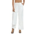 thumbnail image 5 of HDE Women's Linen Drawstring Pants Wide Leg Trouser with Pockets White - XL Short, 5 of 6
