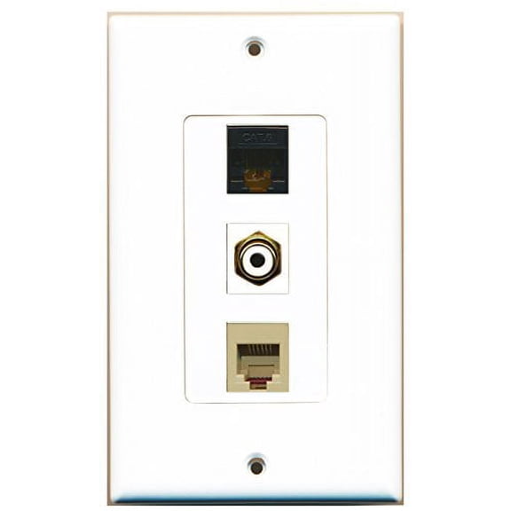 RiteAV - 1 Port RCA White and 1 Port Phone RJ11 RJ12 Beige and 1 Port Cat6 Ethernet Black Decorative Wall Plate Decorative