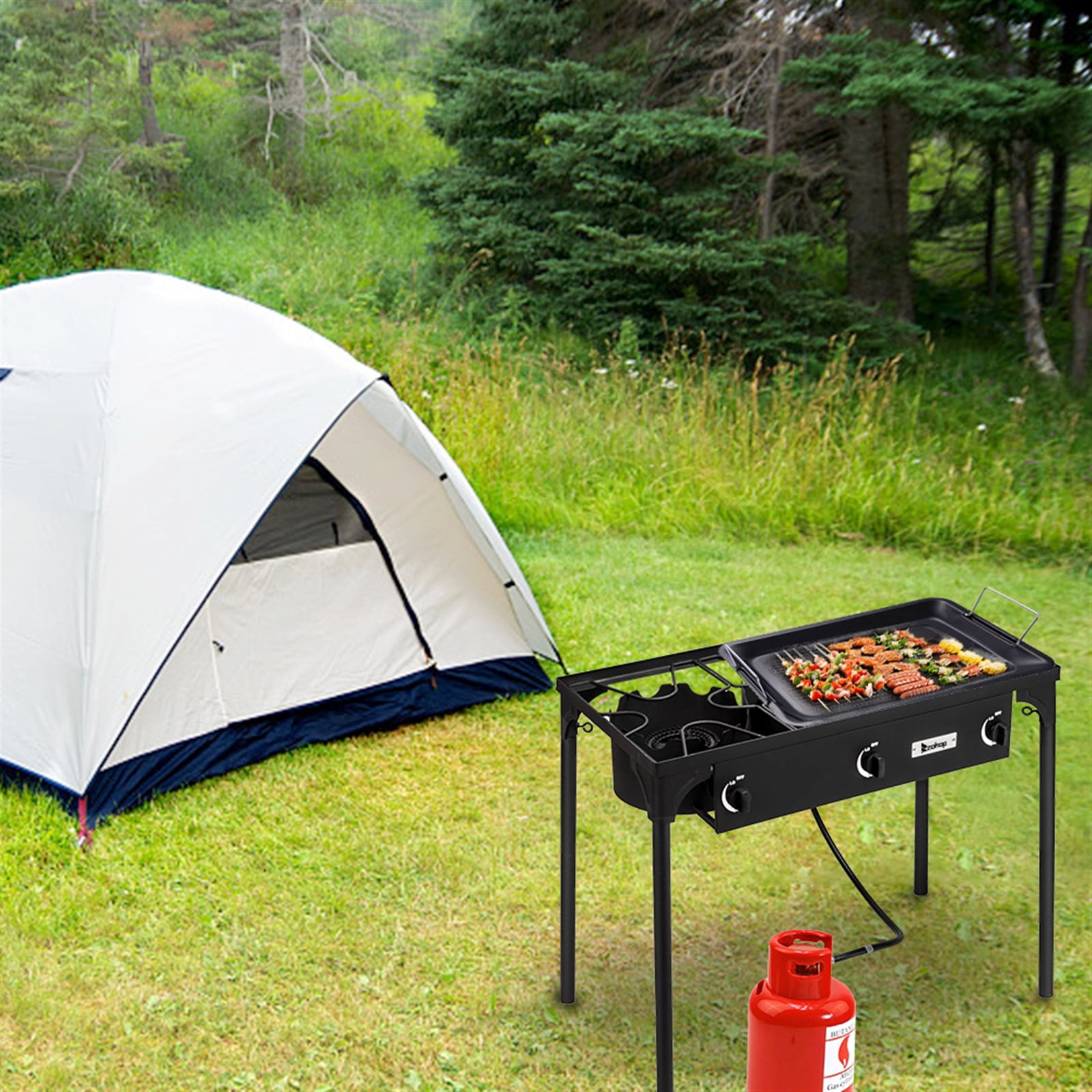 Topcobe Portable Propane Gas Cooker, Iron Cast Patio Burner, Outdoor Stove for Camp Cooking (Three Burner 225000-BTU)