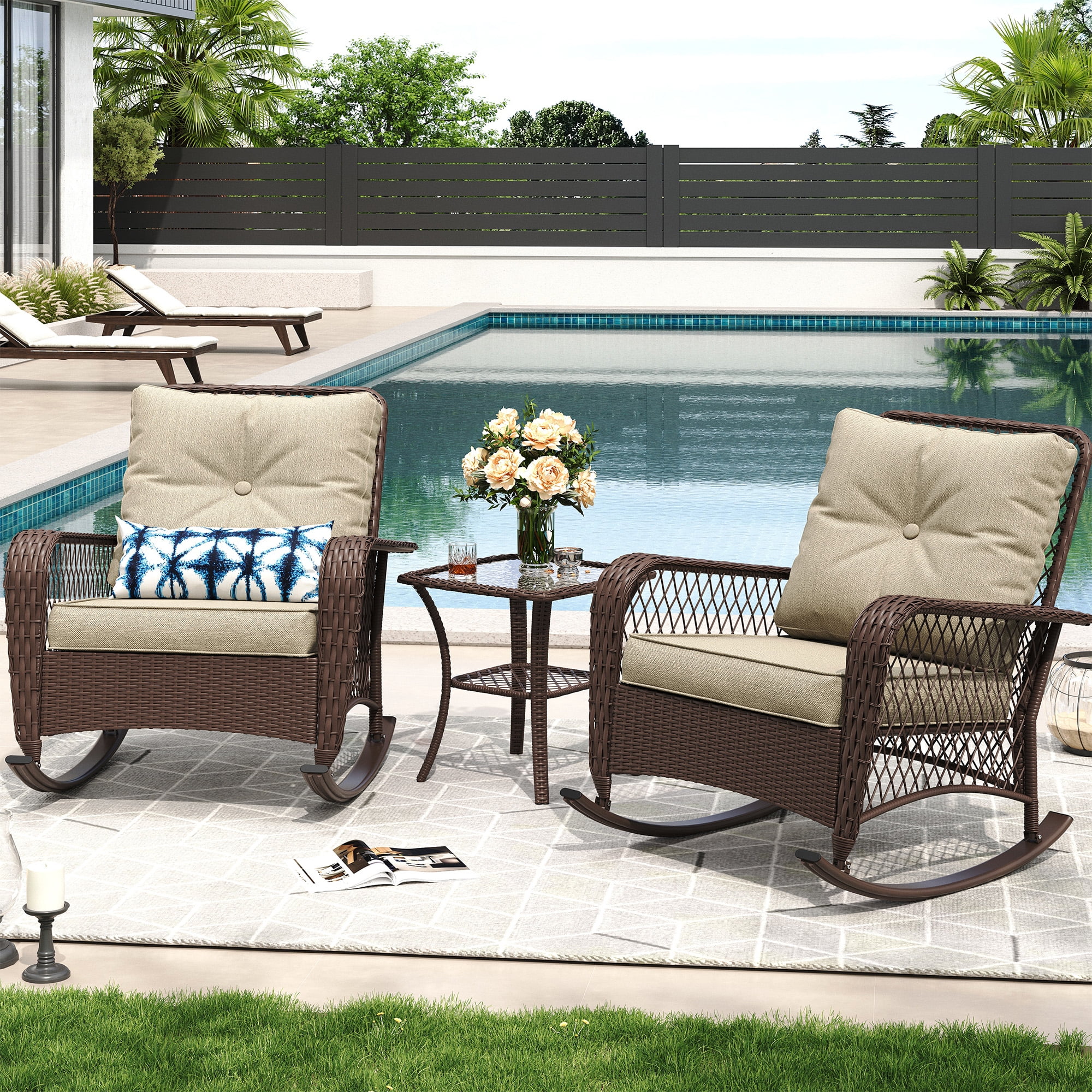 ELPOSUN 3-Piece Outdoor Rocking Chairs, Wicker Patio Furniture with Thickened Cushions and Table for Porch(Brown & Light Gray)