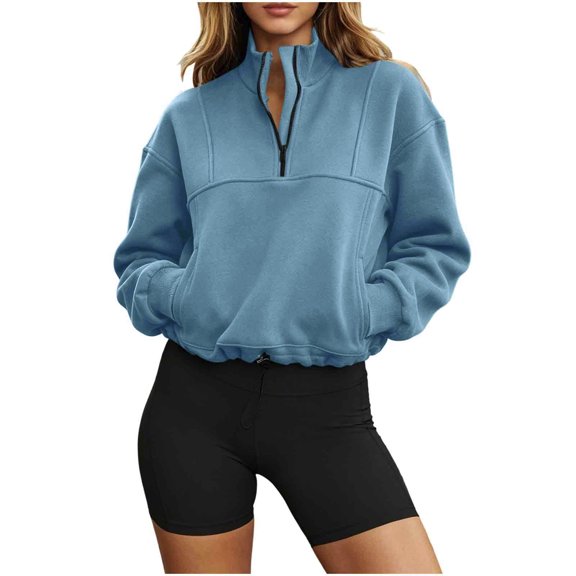 Women's Half Zip Cropped Sweatshirt Long Sleeve Mock Neck Pullover with Drawstring Hem Casual Loose Fit Top for Daily Outdoor Wear