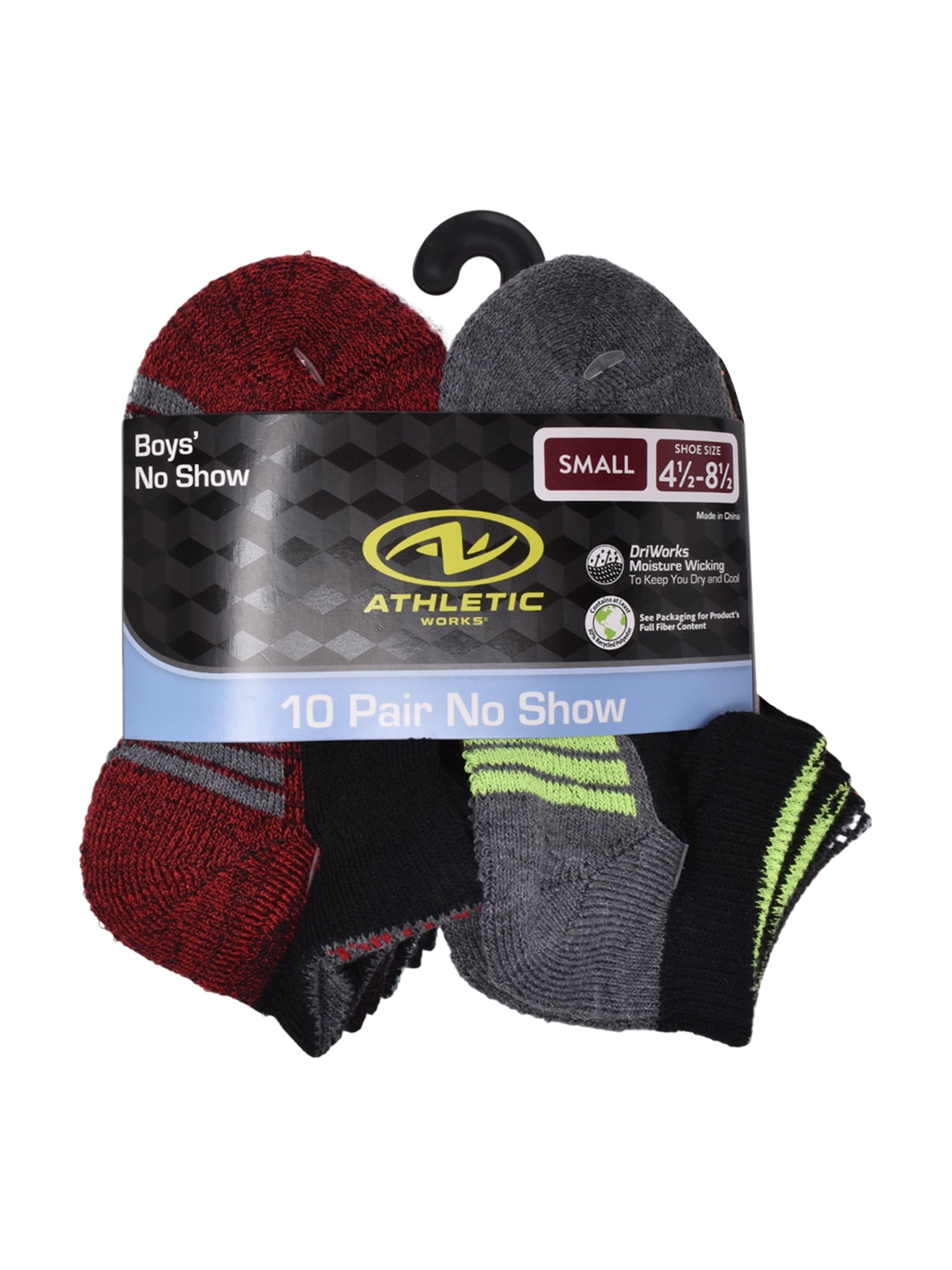 Athletic Works Boys Cushioned No Show Socks, 10-Pack, Sizes S (4.5-8.5) - L (3-9)