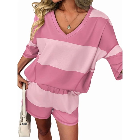 Jaimenalin Women'S Two Piece Sets Summer Lounge Sets Striped Shirts and Shorts Set Oversized Matching Outfit Light Pink & Pink S