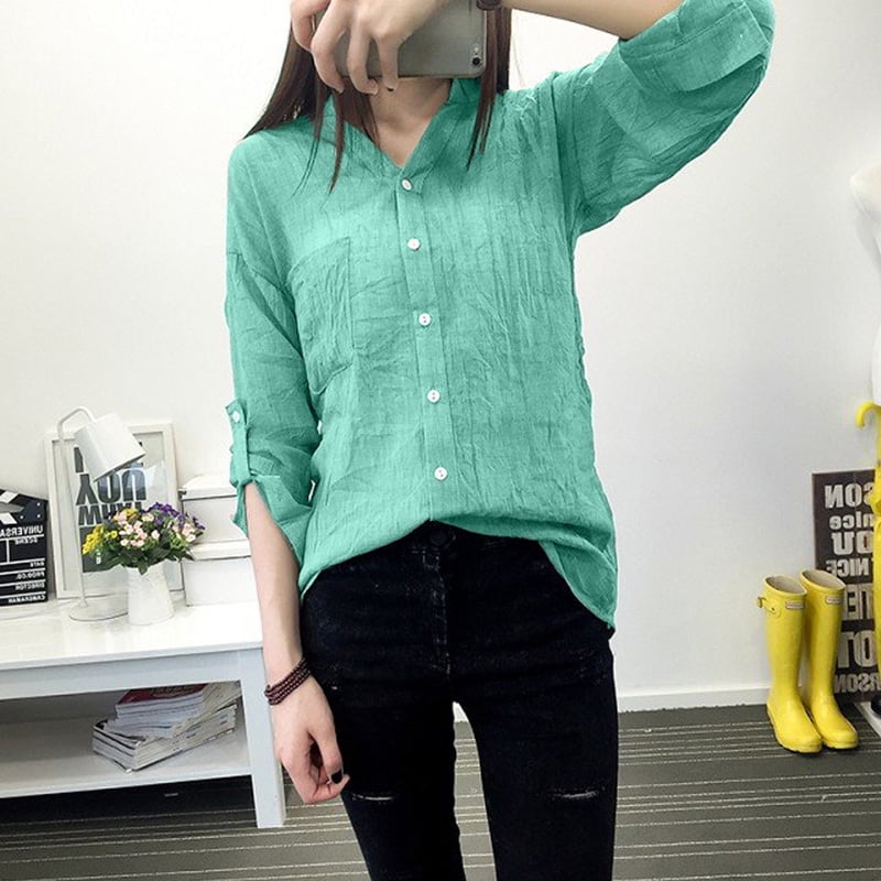Casual Women Cotton Linen Shirt Button 