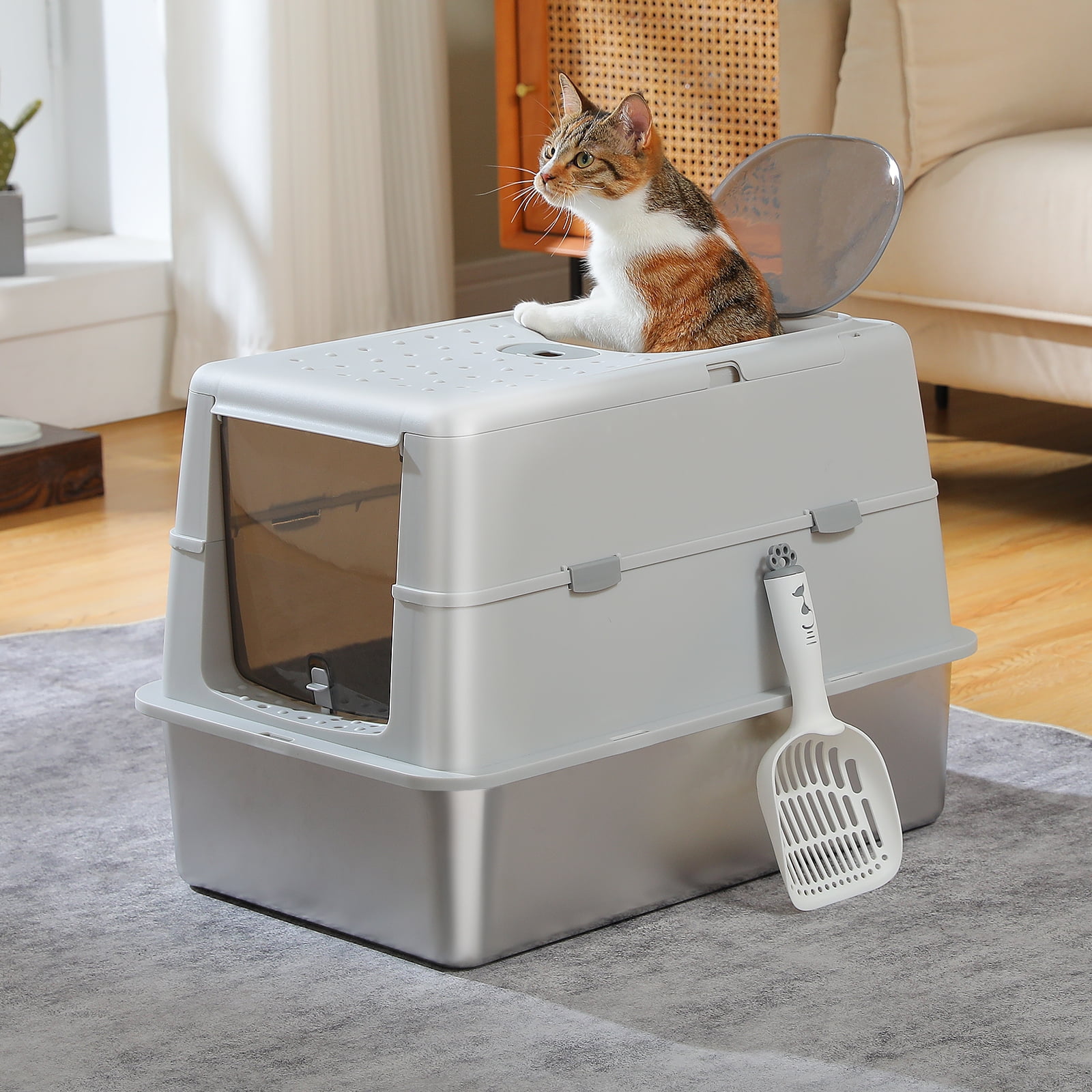 Pefilos 16" High Sides Stainless Steel Cat Litter Box, Anti-Leakage Enclosed Litter Box with Non-Sticky Metal Pan, Scoop, Front & Top Dual Entry for Big Cats, Gray