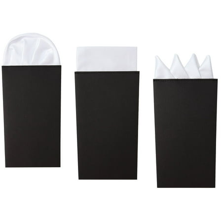 3-Pk White Pocket Square Set Pre Folded, Pesko, Crown and Puff Folds by Puentes