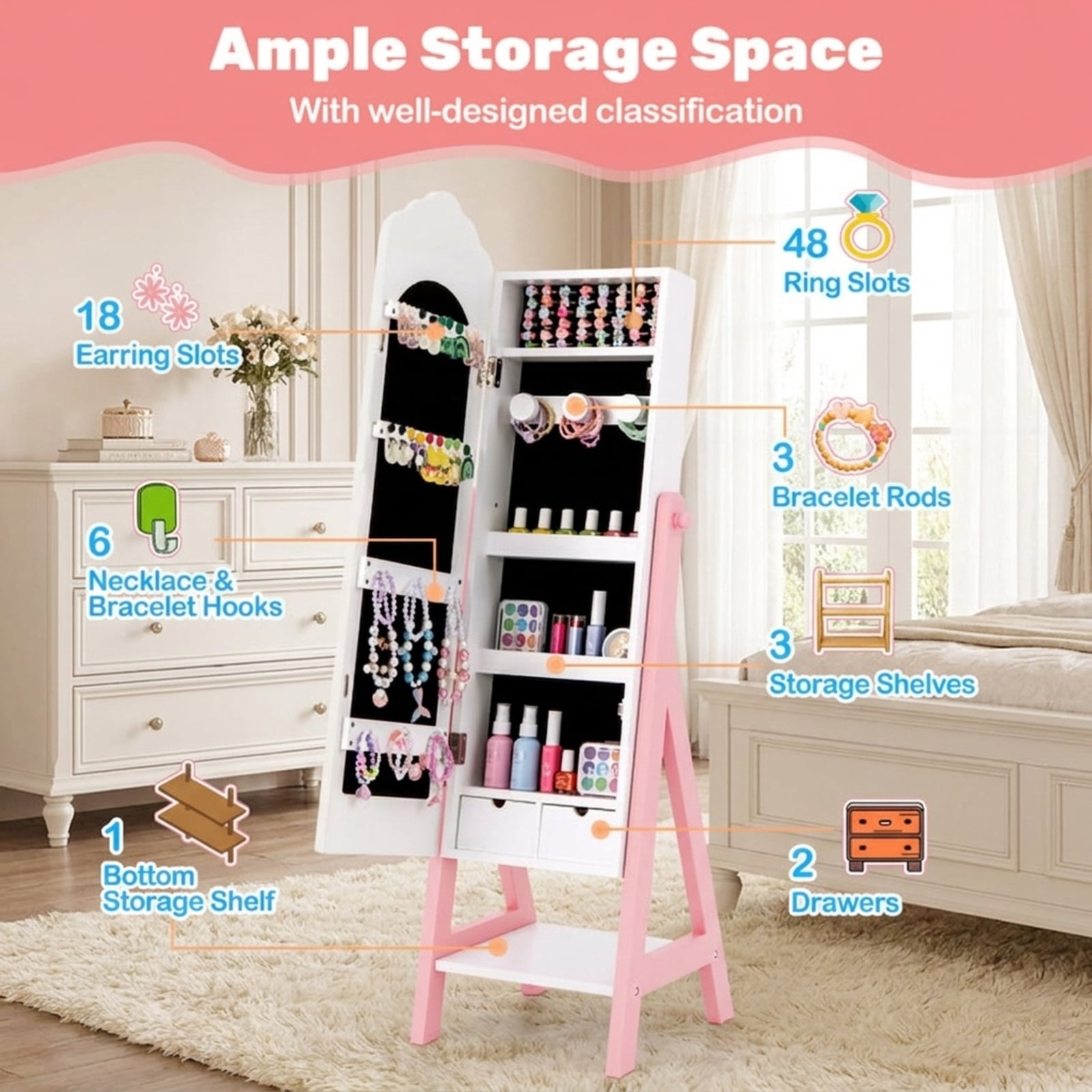 Furnibear 2-Piece Kids Vanity Table and Stool Set with Tri-Fold Mirror and Jewelry Armoire Cabinet with Full-Length Mirror for Girls, White