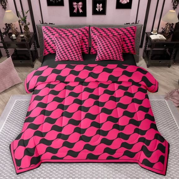 Castle Fairy Female Men Adults Abstract Stripes Plaid Twin Bedding Sets 7-Piece,Minimalist Geometric Bedding Comforter Set Microfiber,Mid Century Minimalism Breathable Sheet Sets