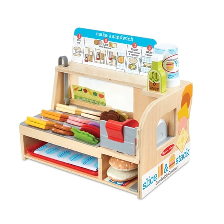 Melissa & Doug Wooden Slice & Stack Sandwich Counter with Deli Slicer – 56-Pieces - FSC Certified