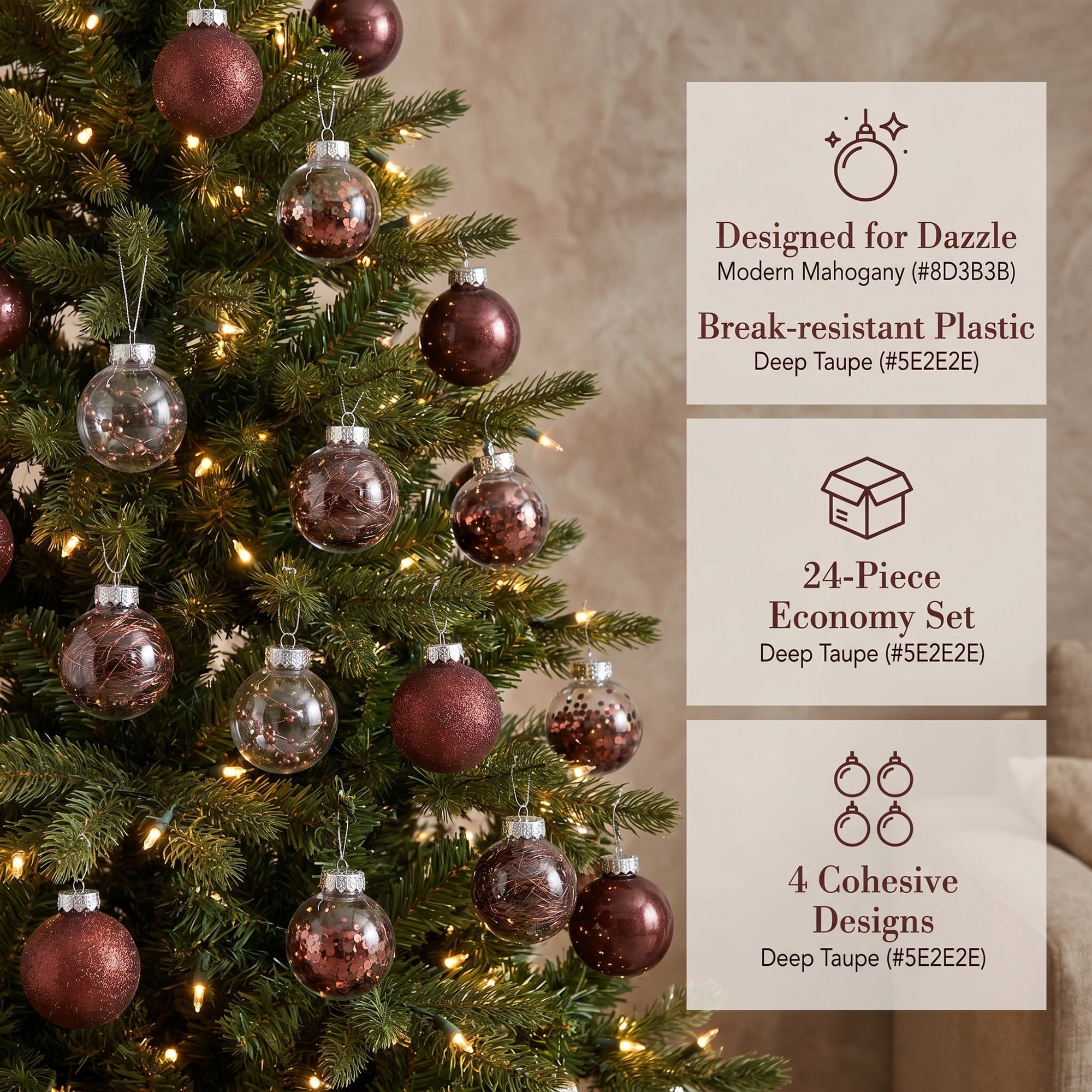 Unique Bargains Christmas Tree Ornaments - 24 Pack Baubles Shatterproof Balls Brown 2.4"