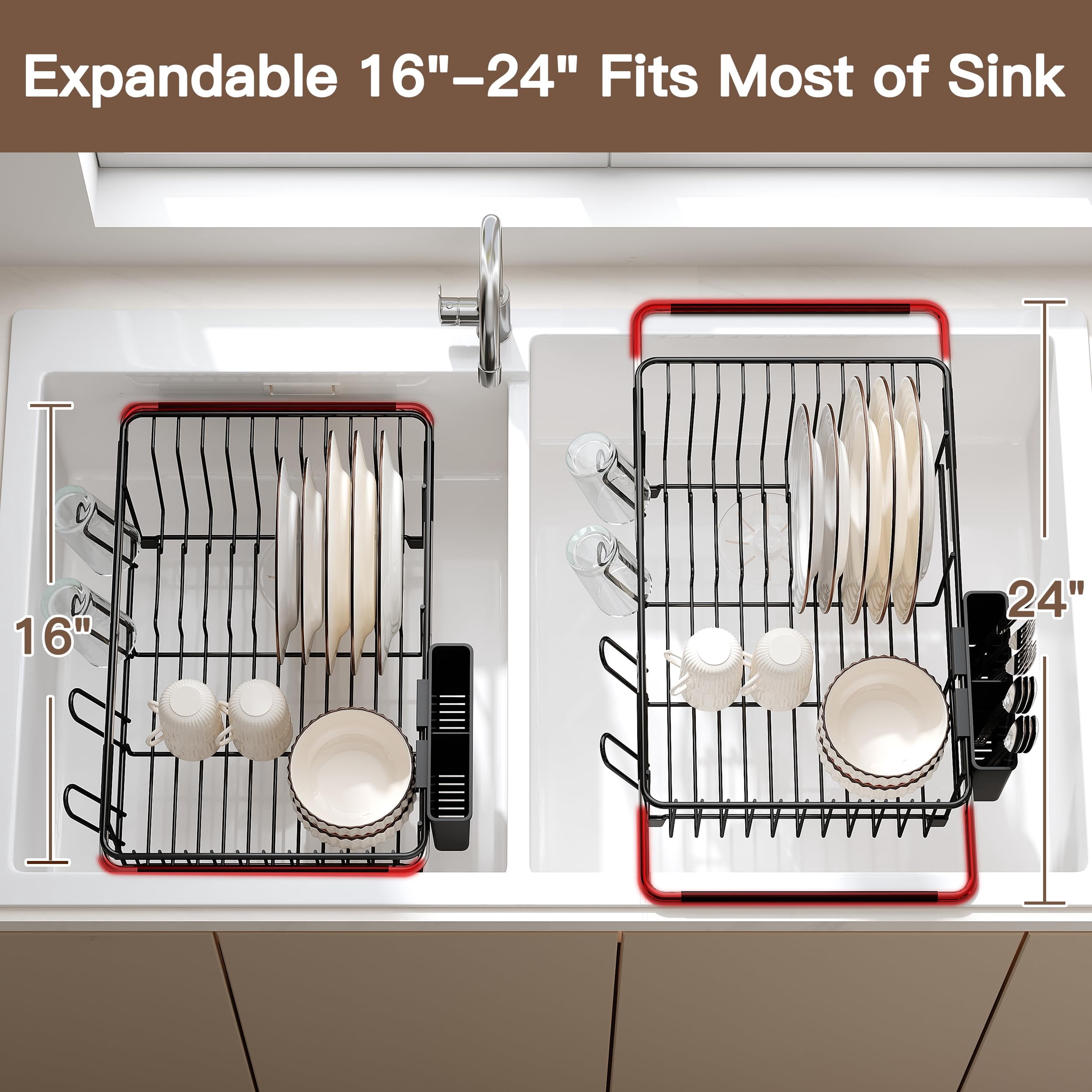 Expandable Dish Drying Rack, Black, Stainless Steel, Over/In Sink, For Small Kitchens