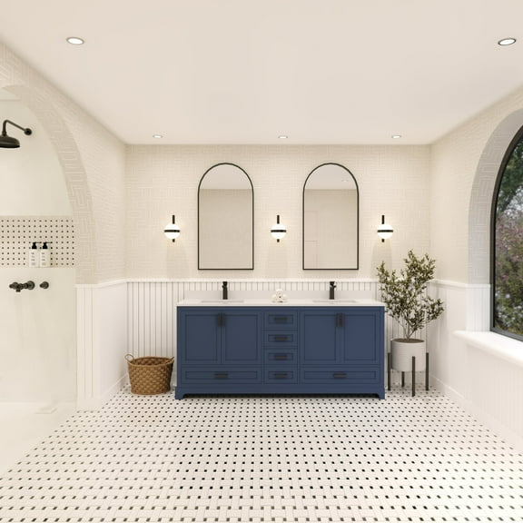 Ayna Decors Maya 72 in Navy Blue Double Sink Bathroom Vanity Set with White Quartz Countertop | 4 Soft Closing Doors | 6 Full Extention Soft Close Drawer | Black Hardware