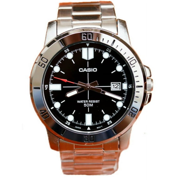 Mens Analog Stainless Steel Band and Case Silver Black Dial 50-meter Water Resistance Watch MTP-VD01D-1EVUDF