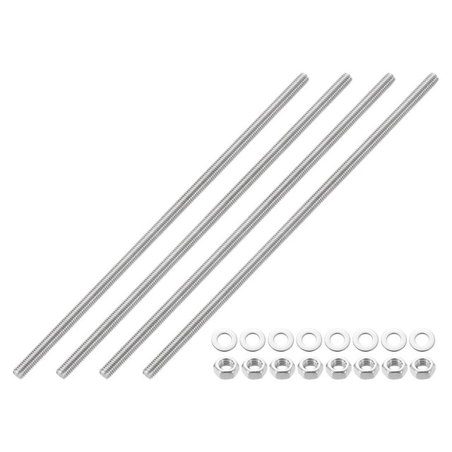 Uxcell 4pcs Fully Threaded Rod, M6 x 200mm 201 Stainless Steel Right Hand Threads Rods with Nuts and Flat Washer Fully Studding Rod Bar for Clamps, Hangers and U-Bolts