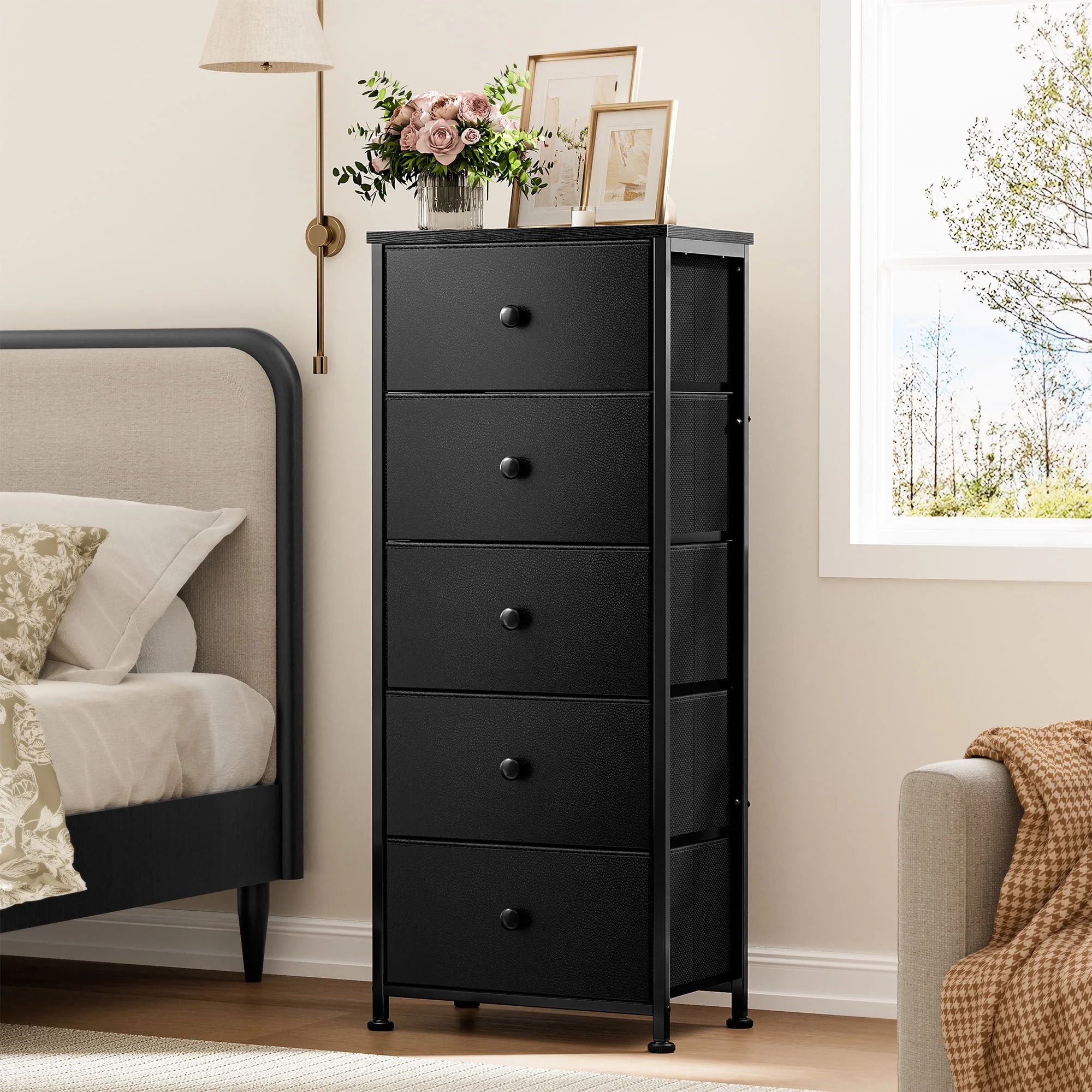 GUNAITO 5 Drawer Dresser for Bedroom Tall Narrow Chest of Drawers Fabric Storage Dresser for Adults,Black