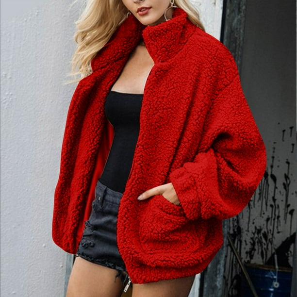 Abrigo informal de manga larga sin capucha y chaquetas de lana de cordero para mujer, otoño/invierno, abrigo de cuello alto y manga larga para mujer