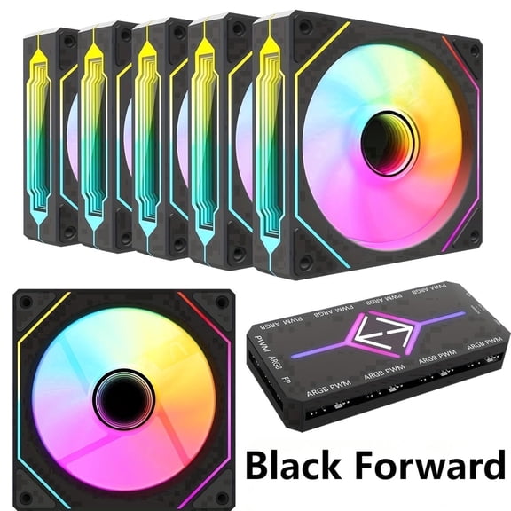 LDPCSJ PrismFlow 120mm ARGB PWM Computer Case Fans, 6-Pack High Airflow Cooling Fans with Controller Hub, Black Forward Blade for ATX PC Cases